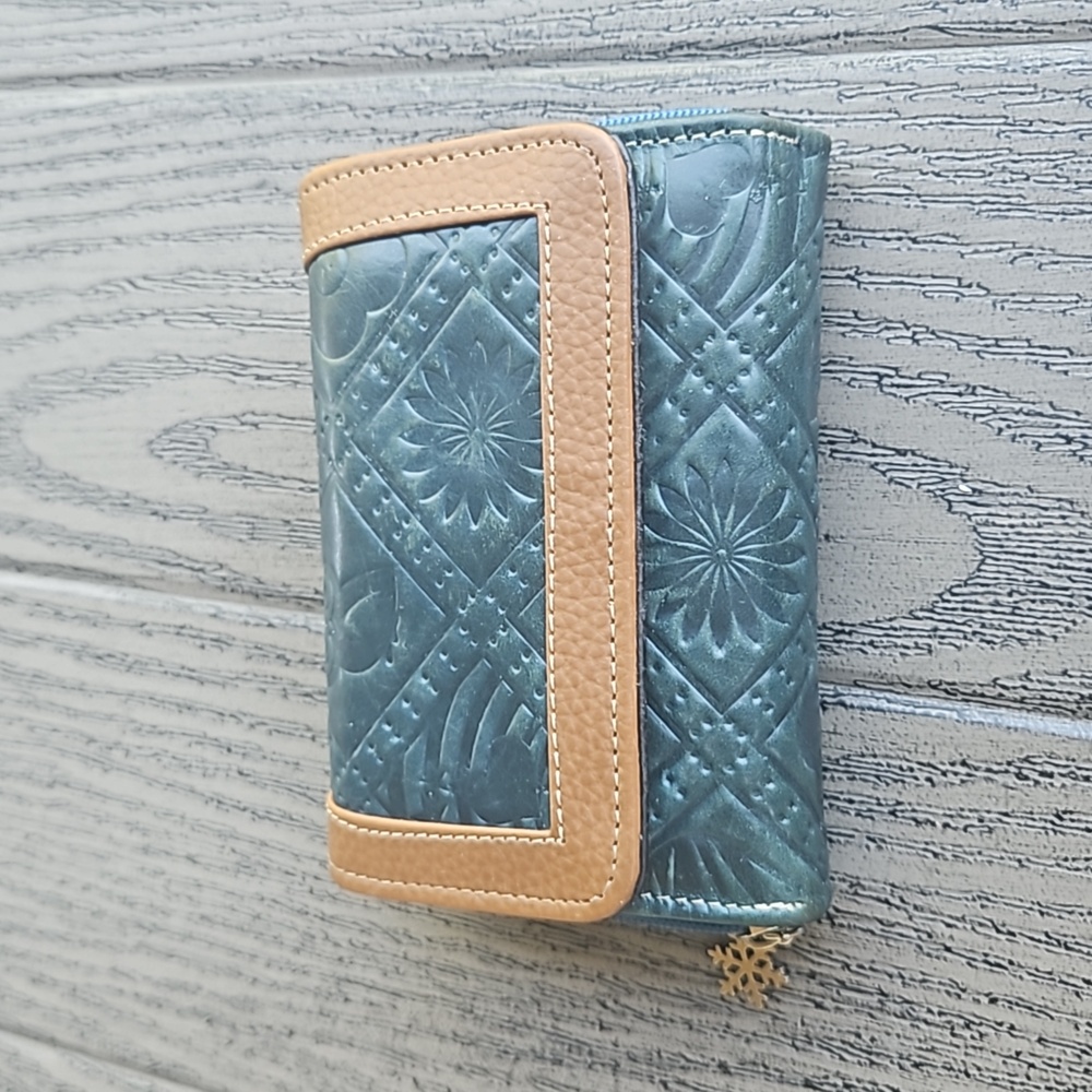 Mexican Embossed Leather Wallet in dark teal  with Floral Pattern